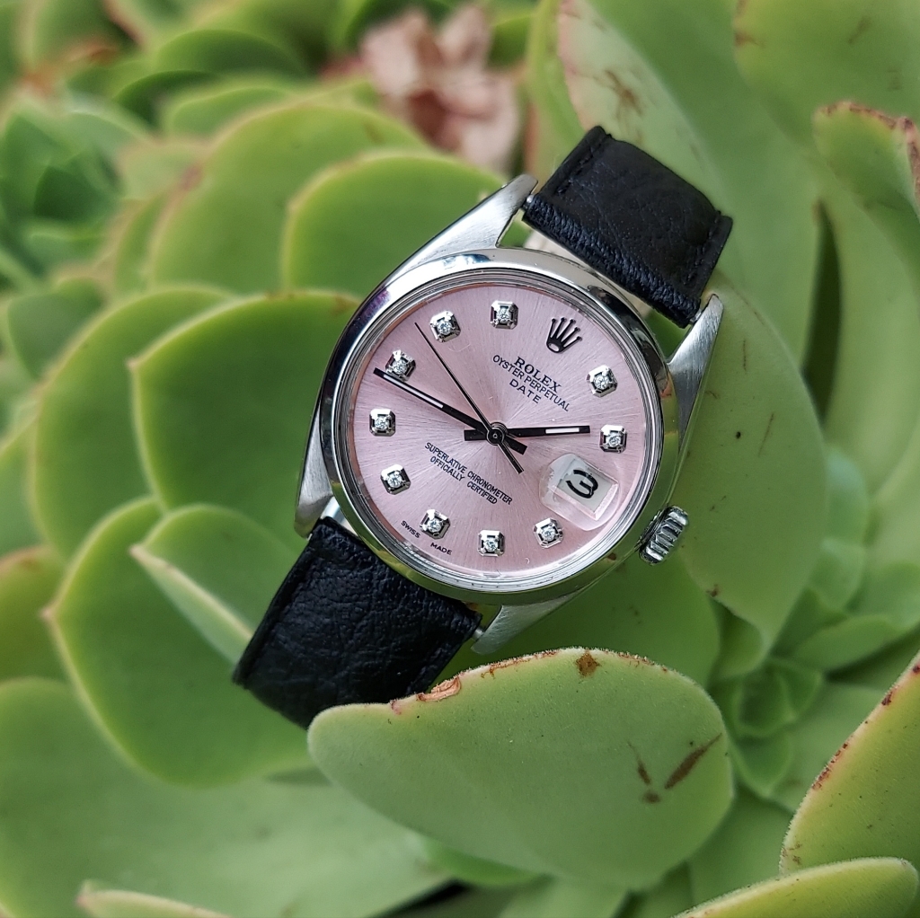 Rolex Unisex 34mm Date Pink Diamond On Black Leather Strap